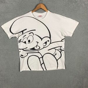 Supreme x Smurfs‎ T-Shirt Adult Large L White Cartoon-Print Cotton Double Sided